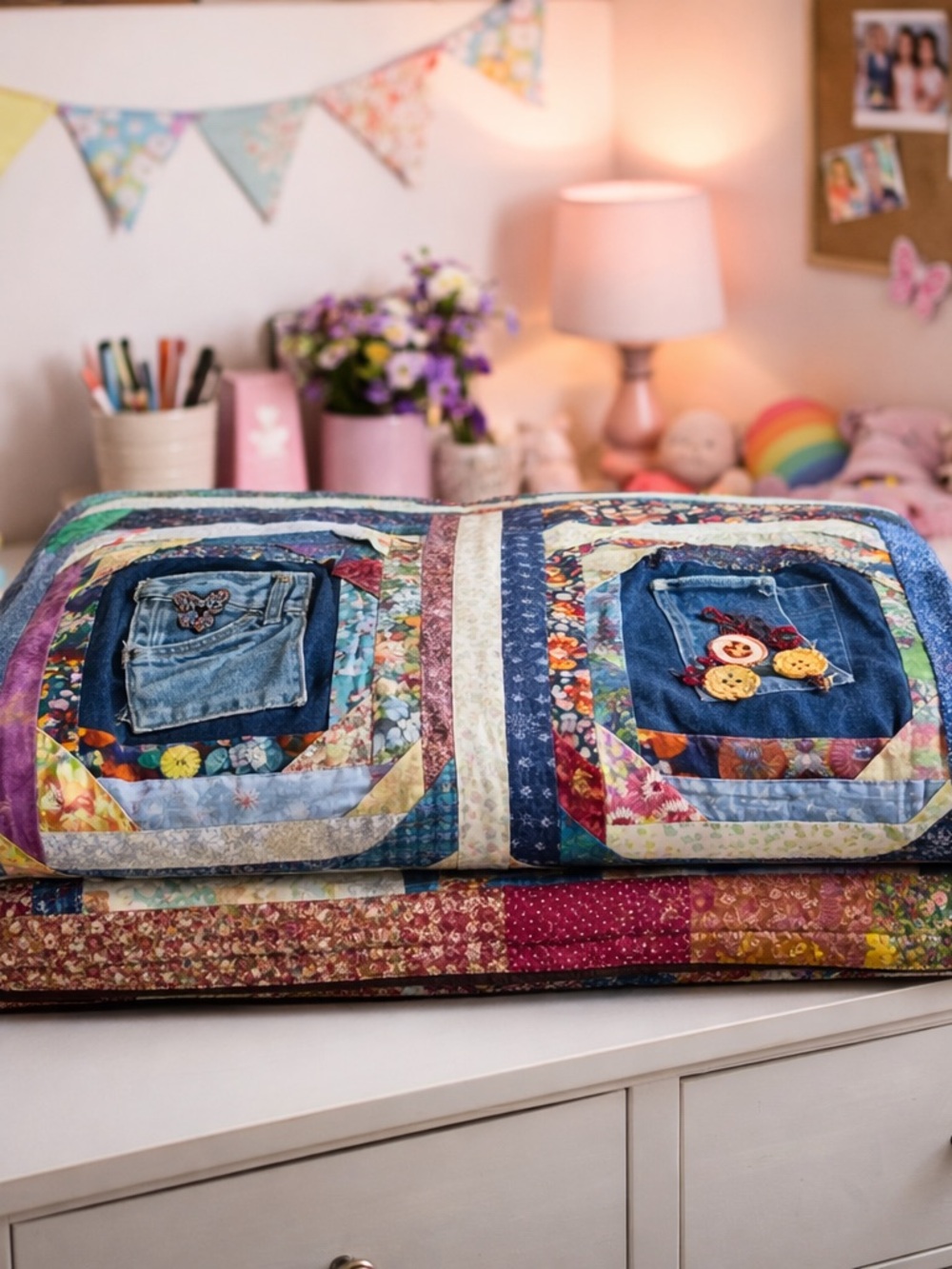 Denim  Quilt Boho Patchwork 60x80 Folk Art Dorm Decor - Picture 2 of 15